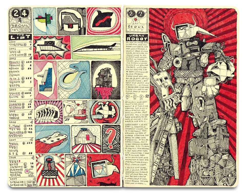 <i>Illustrated Diary</i>
“Architectural Transformer”
(2010). <i>Transformer</i> è un
mostro, il cui corpo combina
i 51 progetti (di cui solo 20
realizzati) sui quali l’architetto
coreano ha lavorato negli anni