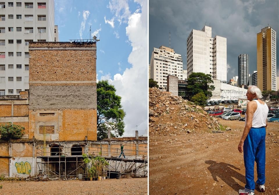 A sinistra: lo sbocco dei varchi ad arco. A destra: al centro, il grande albero che ha invaso, per primo, il terreno confinante. José Celso scruta l’intorno, il teatro “continua a cercare un varco! Nell’atrio del palcoscenico stradale sfileranno i palcoscenici mobili e le Baccanti, divinità del teatro, aprono cammini verso Oswald de Andrade”
