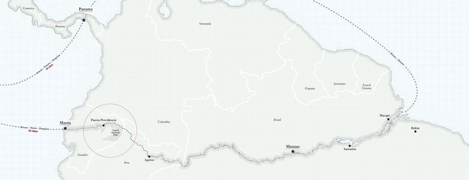 In apertura: la strada di collegamento fra Manta e Manaus nel tratto fra Yamanunka e Puerto Providencia, Nuevo Rocafuerte, Ecuador. Photo Gabriel Moyer-Perez. Qui sopra: il corridoio Manta-Manaus collegherebbe Manaus, sul Rio delle Amazzoni in Brasile, a Manta in Ecuador, sull’Oceano Pacifico. Si risparmierebbero diversi giorni di navigazione, ma con pesanti conseguenze ambientali