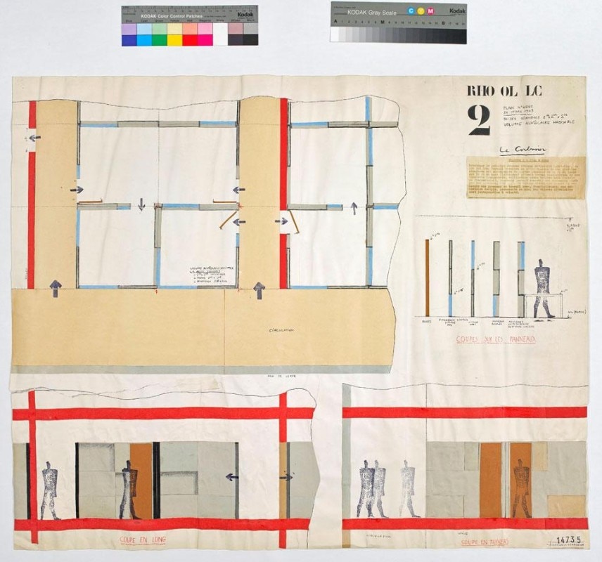 Le Corbusier, progetto per il Centro Calcolo elettronico Olivetti a Rho. Pianta e sezioni della <i>boite standard</i>, volume alveolare abitabile, 25 marzo 1963. Courtesy Fondation Le Corbusier