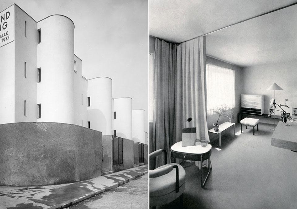 A sinistra: case a schiera di André Lurçat, 1932. Photo Martin Gerlach jun. © Wien Museum. A destra: camera da letto nella residenza n. 45 disegnata da Jacques Groag, 1932. Photo Julius Scherb. © Wien Museum