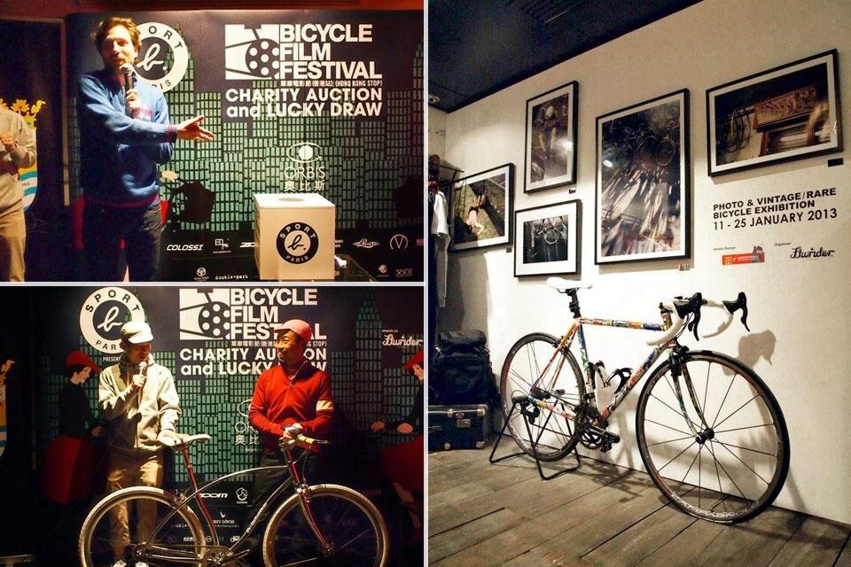 In apertura: la partenza della <i>Fun Ride</i> organizzata a Hong Kong; al centro Brendt Barbur, fondatore del Bicycle Film Festival. Qui sopra: alcune immagini del Bicycle Film Festival a Hong Kong