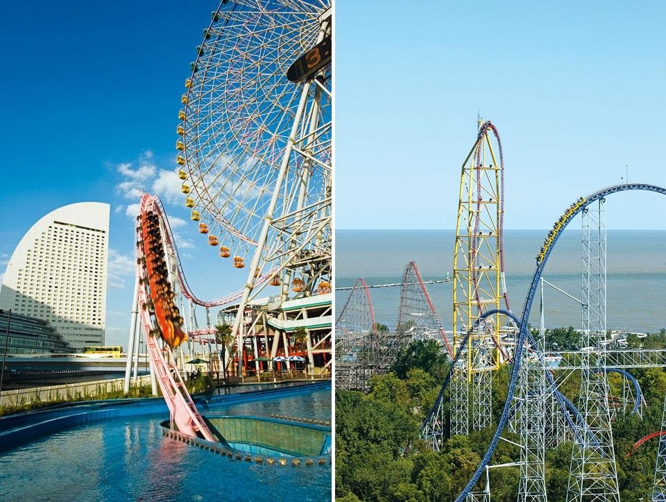A sinistra: il Vanish roller-coaster del parco divertimenti Cosmo Land di Yokohama, in Giappone. Aperto nel 1999, si precipita inaspettatamente dentro a un tunnel sotterraneo, simula il tuffo in una piscina gigante. A destra: in primo piano, il Millemmiun Force, uno dei quattro rollercoaster (su un totale di 16) del parco divertimenti Cedar Point—sorto nel 1870 a Sandusky, Ohio, su 147 ettari—a superare i 61 metri di altezza, insieme a Magnum XL-200, Wicked Twister e Top Thrill Dragster. Photo © Cedar Point, Sandusky, Ohio
