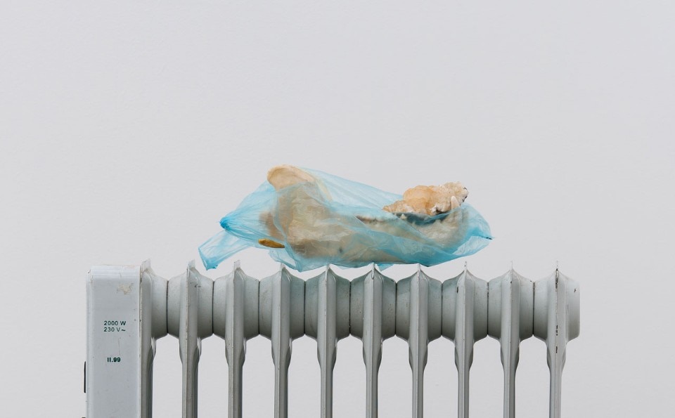 Nicolás Lamas, Sin Título, bone, plastic bag, mineral, electric radiator, 2018