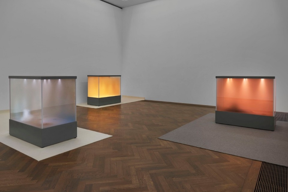 Dora Budor, installation view, I am Gong, Kunsthalle Basel, 2019, f.l.t.r. view on Origin III (Snow Storm), Origin I (A Stag Drinking), Origin II (Burning of the Houses), all 2019. Photo: Philipp Hänger / Kunsthalle Basel