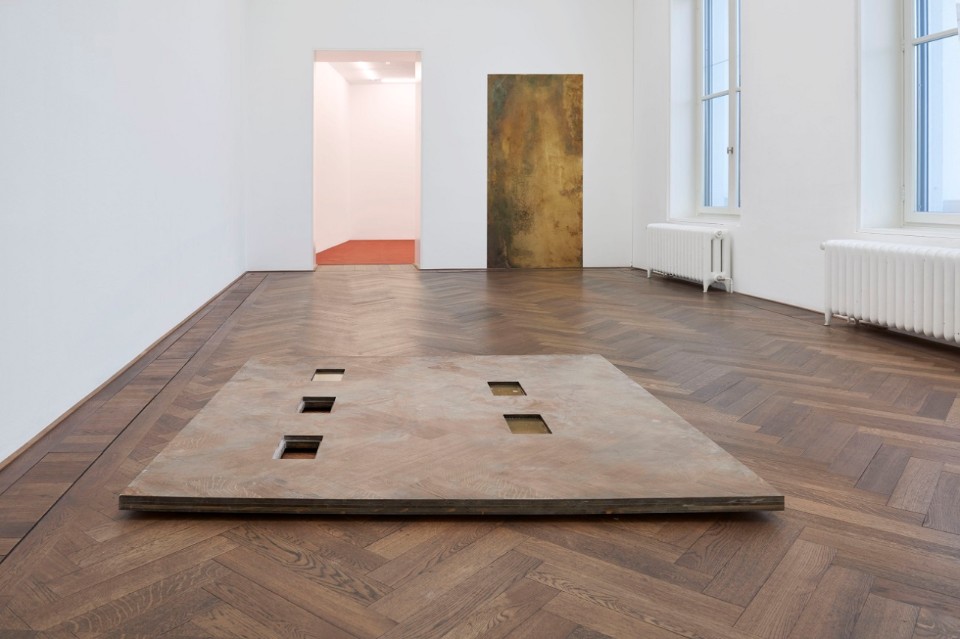 Dora Budor, installation view, I am Gong, Kunsthalle Basel, 2019, view on The Devil, Probably, 2019 (front), and Solo for 1939, 2019 (back). Photo: Philipp Hänger / Kunsthalle Basel