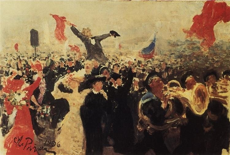 Demonstration on October 17, Ilya Repin. Oil on canvas, 1906.
