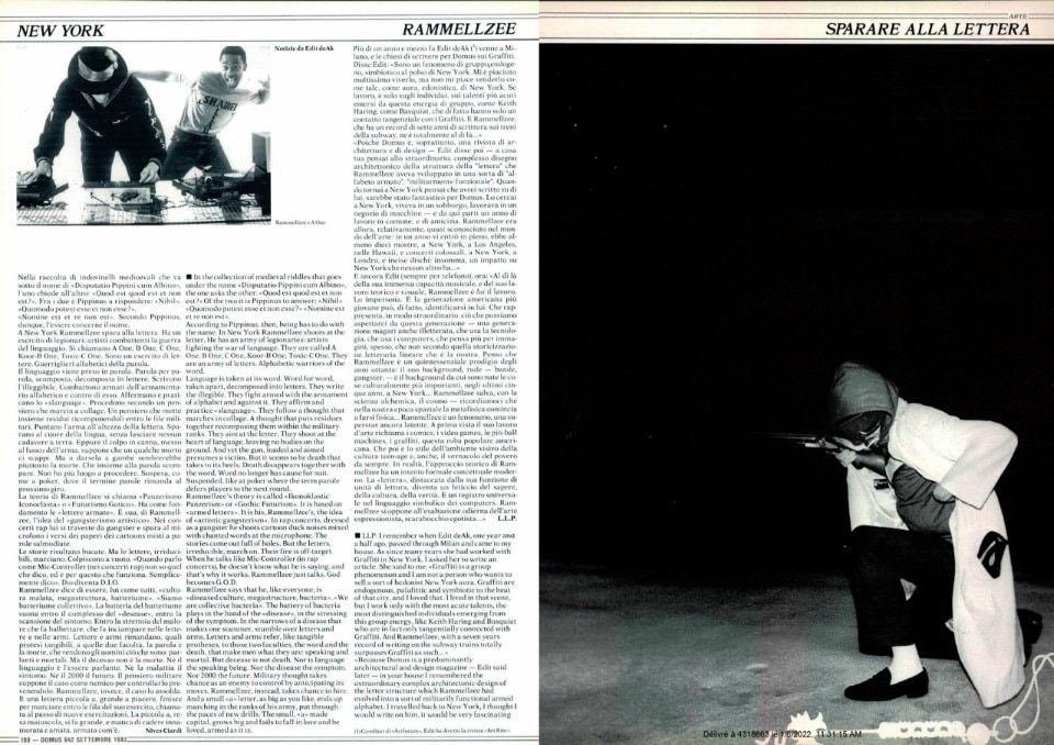 Rammellzee nella sua veste di gangster della lettera sulle pagine di Domus. Foto: Domus 642, Febbraio 1983.