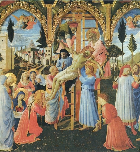 La foto scattata da André Luis Alves a confronto con l'opera di Beato Angelico, Deposizione dalla Croce, 1432-34