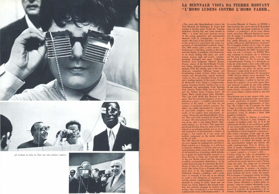 Gli occhiali di Julien Le Parc, vincitore di uno dei Gran Premi della Biennale del 1966, negli scatti di Ugo e Nini Mulas. Foto: Domus 441, Agosto 1966.
