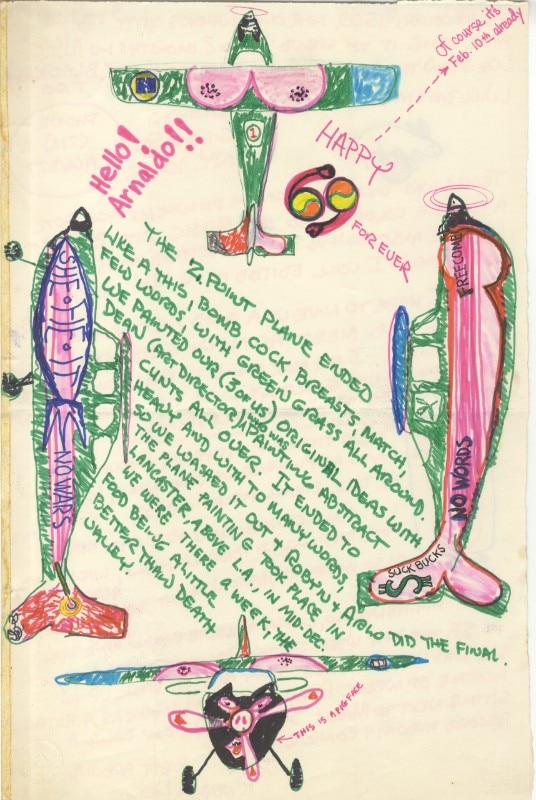 Lettera inviata da Arlo Acton a Pomodoro, in merito alla decorazione dell’aereo di Zabriskie Point. 10 febbraio 1969. Immagine su gentile concessione della Fondazione Arnaldo Pomodoro.