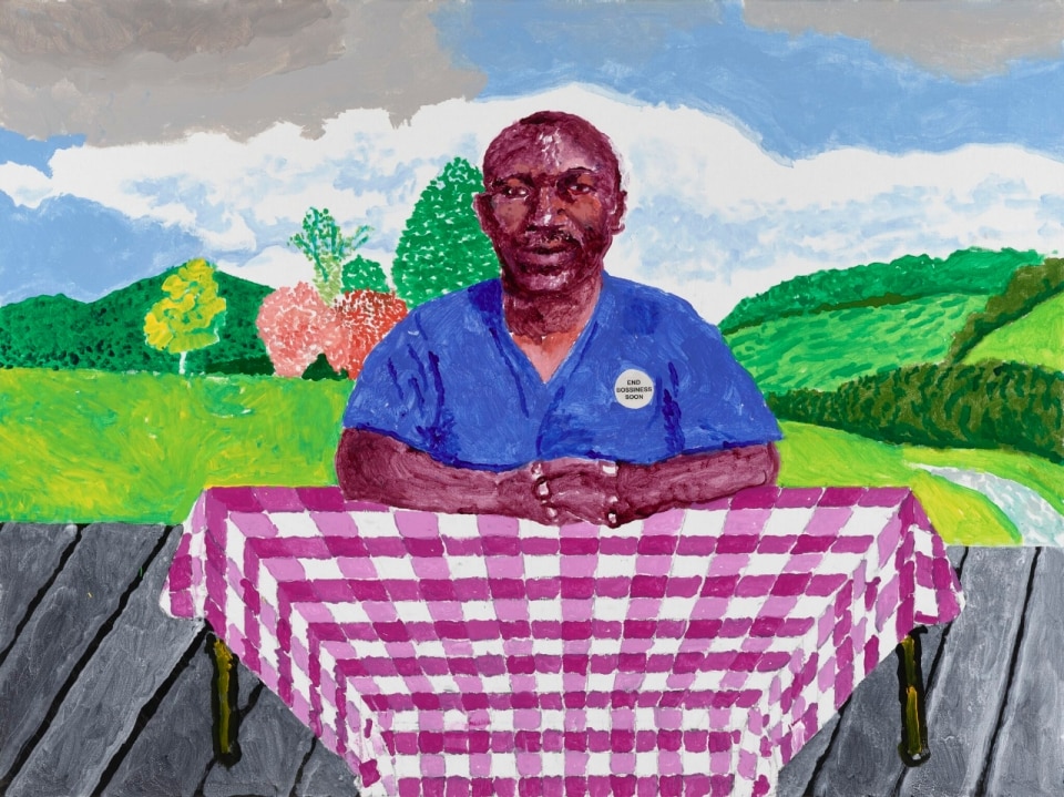 David Hockney, Thomas Mupfupi Resting on a Pink and White Checkered Tablecloth, 2025. Acrylic on canvas, 36 x 48 in. (91.4 x 121.9 cm) © David Hockney. Photo: Prudence Cuming.