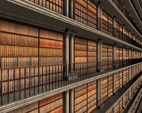 <i>La Biblioteca Infinita</i>. Fotogramma del video che, con tecniche infografiche mescolate a elementi reali della Biblioteca Nacional di Buenos Aires, ricrea lo spazio immaginario suggerito da Borges nel suo racconto
