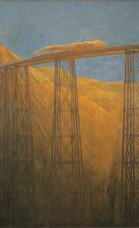 Gaetano Previati, <i>La ferrovia sul Pacifico</i>, olio su tela, 1915 (Milano, Camera di Commercio). Esposto nella sezione: “Il labirinto della modernità” 
