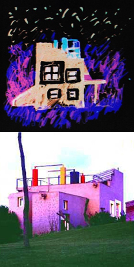 Schizzo di studio e vista della casa Capotesta a Pinamar (1983, con Eduardo Bompadre), allo stesso tempo scultura e opera definita dalla concezione spaziale e dalla geometria che l’ha generata