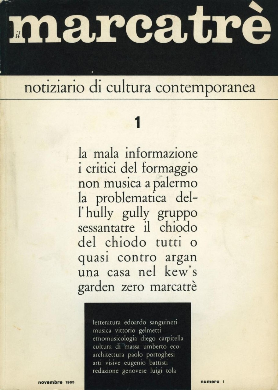 Copertina
del primo numero di <i>Marcatrè. Notiziario
di cultura contemporanea</i> (novembre
1963)