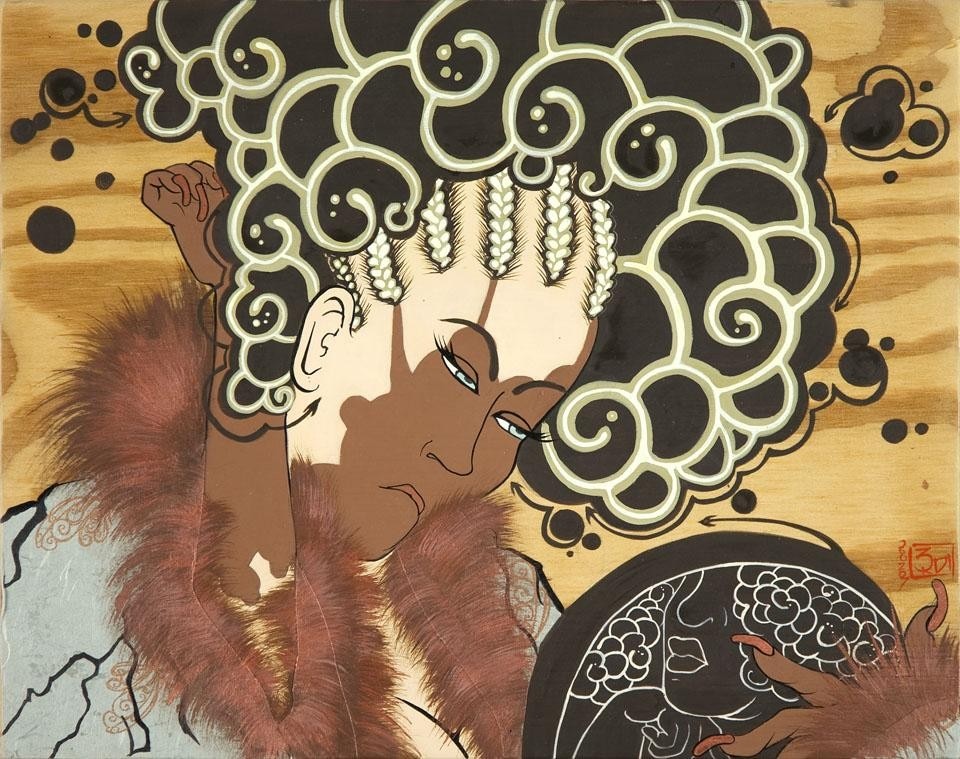 Iona Rozeal Brown, <i>Untitled (after Kikugawa Eizan's "Furyu nana komachi" [The Modern Seven Komashi])</i>, 2007
acrilico e carta su pannello di legno, 30.5 x 37.1 cm. Rubell Family Collection, Miami.