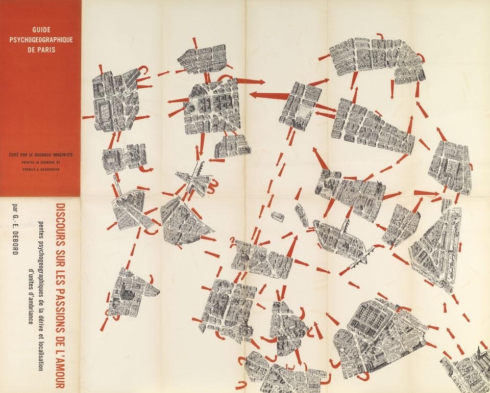 Guy Debord, <i>Guide psychogéographique de Paris: discours sur les passions de l'amour: pentes psychogéographiques de la dérive et localisation d'unités d'ambiance</i>, 1957, litografia. © Collezione MACBA. Consorcio Museu d’Art Contemporani de Barcelona.