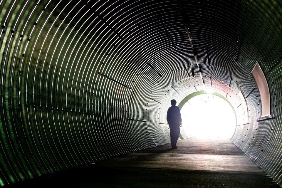 In alto: la grande ruota panoramica alta 15 metri, posta di fronte a un prefabbricato della DDR ricostruito a grandezza naturale. Qui sopra: 
Il misterioso tunnel in lamiera ondulata che costituisce l'ingresso a <i>The One and The Many</i>