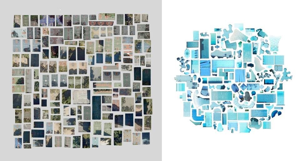 Jenny Odell, <i>Satellite Collections</i>. Sinistra: <i>Every Basketball Court in Manhattan</i>; destra: <i>125 swimming pools</i>