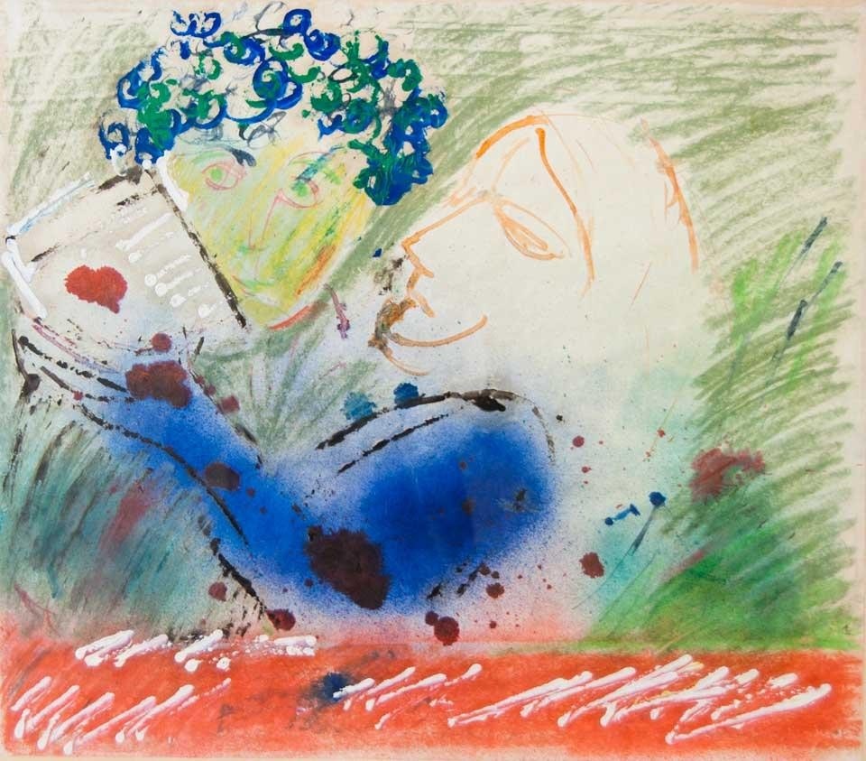 Pier Paolo Pasolini, Laura Betti e Ninetto Davoli nei panni di Desdemona e Otello, 1967, olio, spray, pastello e acquerello su carta