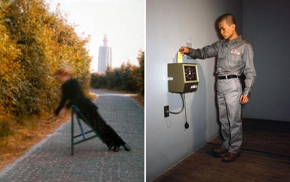 A snistra: Bas Jan Ader, <I>Broken Fall Geometric</i>. A destra: Tehching Hsieh, <i>One year performance</i>