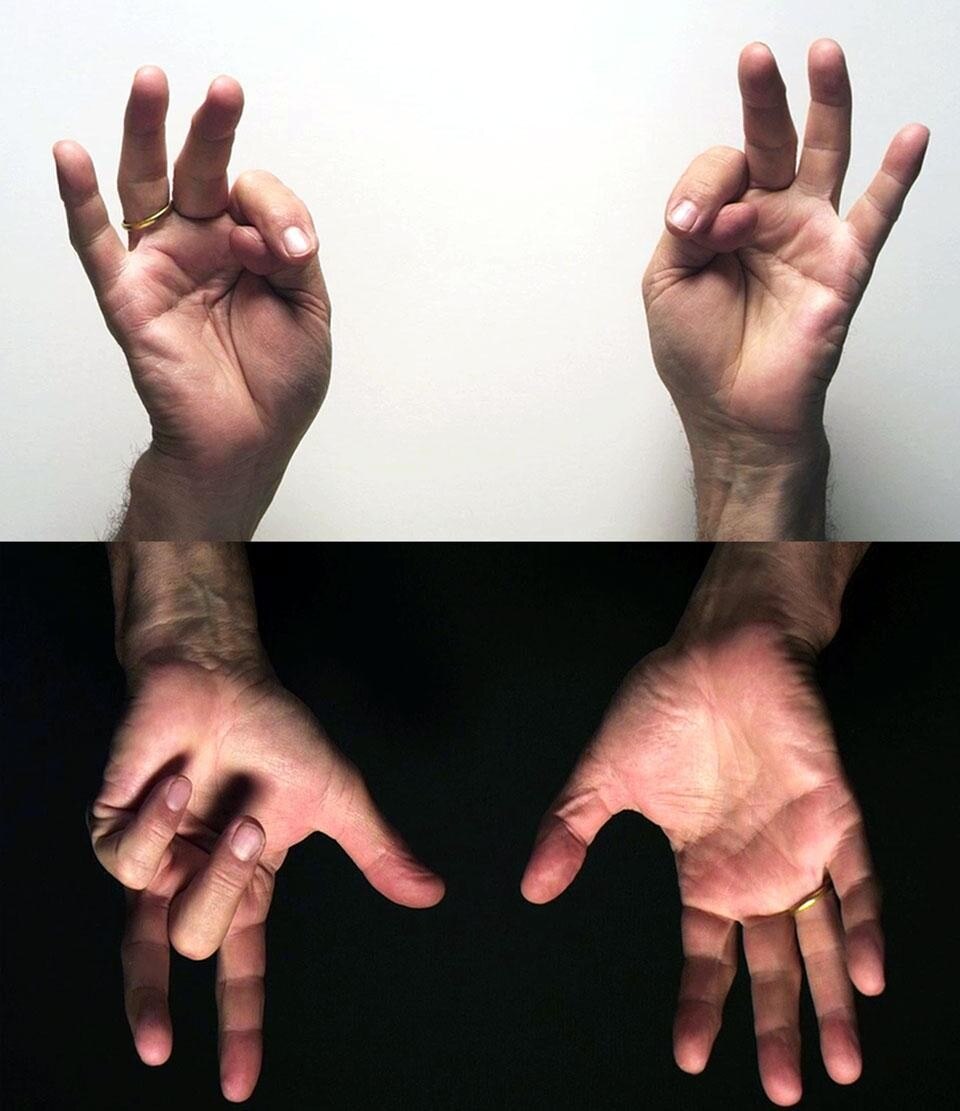 Bruce Nauman, <i>For Beginners (all the combinations of the thumb and finger)</i>, 2010, videoinstallazione in HD, colore, stereo, suono, 26'19'' e 25'19'', loop. © Bruce Nauman by SIAE 2012. Courtesy Sperone Westwater, New York