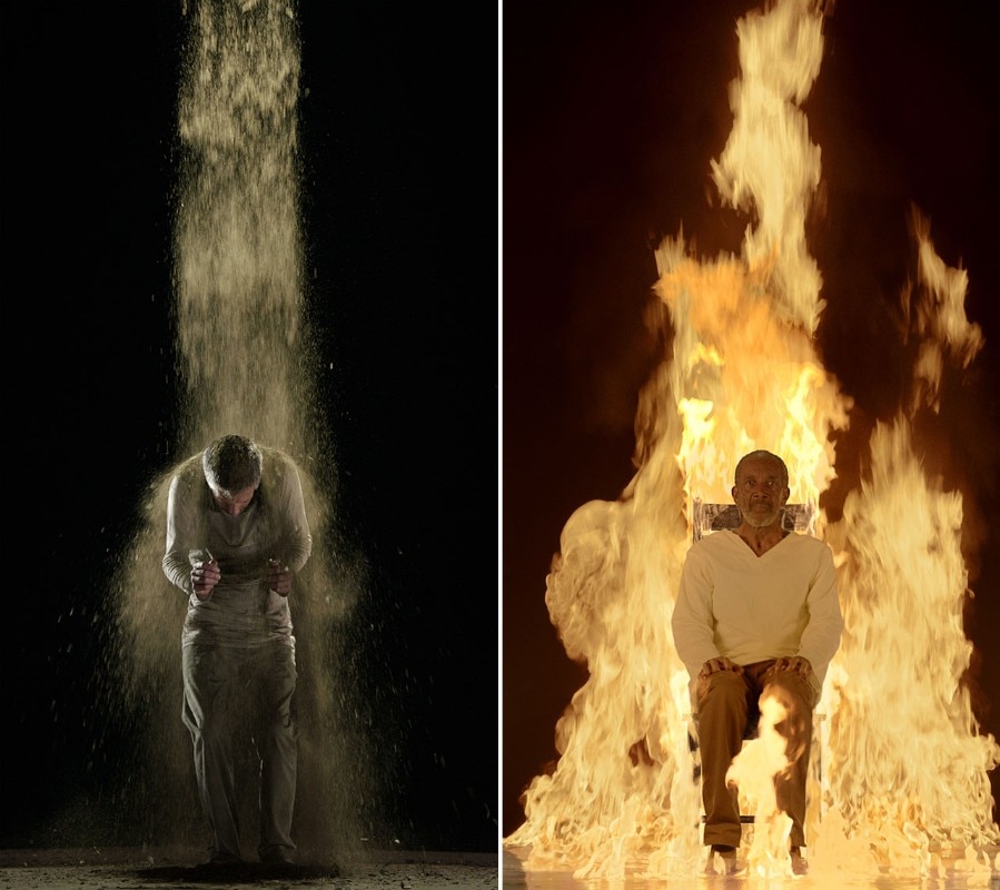 Bill Viola, <i>Martyrs series (Serie dei martiri)</i>, 2014. <b>A sinistra</b>: Earth Martyr (Martire della terra), 7’ 10”. <b>A destra</b>: Fire Martyr (Martire del fuoco), 7’ 10”. Courtesy of Bill Viola Studio