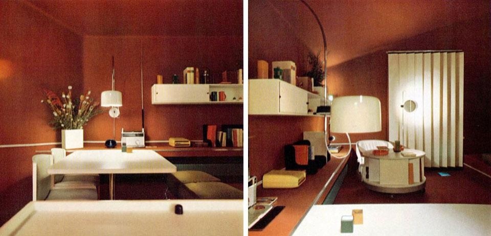 La zona di soggiorno-pranzo: lampade della Kartell e di O-Luce, disegnate da Joe Colombo, come tutti i mobili la poltroncina (Kartell), il tavolino (Bernini), le sedie (Giuseppe Pozzi)