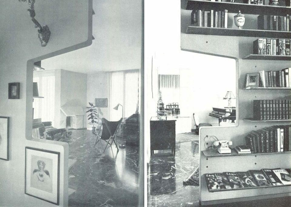 Due vedute della parete libreria che collega i due ambienti di soggiorno