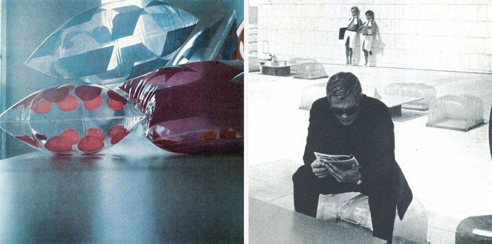 A destra: sedile in plastica trasparente gonfiata, disegnato da Piero Paletto, scenografo, per /I film <i>La decima vittima</i> di Elio Petri, 1966 (Domus 437).