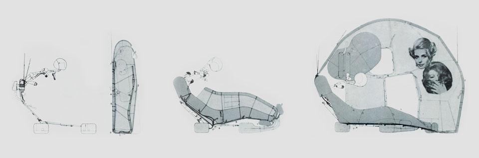 Del Gruppo Archigram di Londra l'idea di un contenitore a misura d'uomo, una specie di tuta spaziale pneumatica attrezzatissima, da cui si sprigiona, a comando, una capsula-ambiente pneumatica.