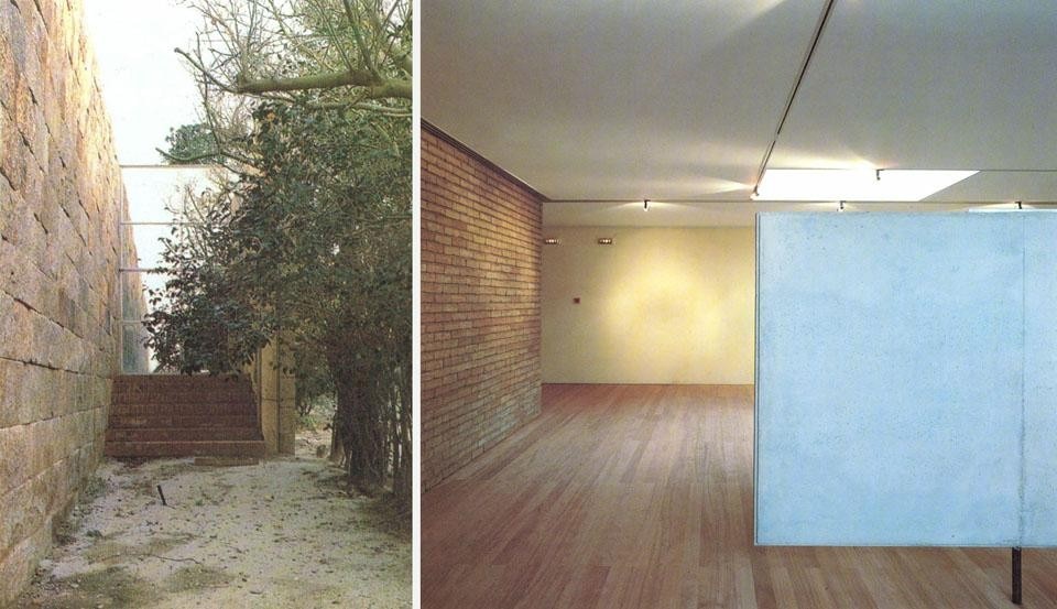 Centro culturale a Oporto pubblicato su Domus 725/marzo 1991. Sinistra: veduta dell'ingresso principale con il grande infisso in acciaio e vetro a specchio. Destra: Una veduta parziale dell'interno in cui si evidenzia la sapiente composizione dei tanti materiali messi in opera.
