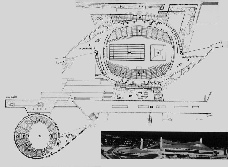 Planimetria e pianta dei due stadi a Tokyo: Kenzo Tange architetto, con Yoshikatsu Tsuboi e Uichi Inoue, ingegneri.