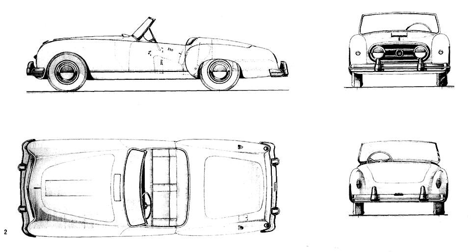 <em>Nash-Healey, roadster spider</em> due posti. Rilievo
quotato scala 1:10, disegnato da Luigi Chicco
