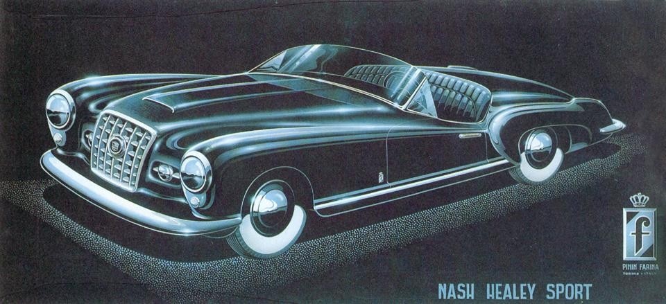 <em>Nash-Healey, roadster spider</em> due posti. Figurino di
presentazione. Variante disegnata da Adriano Rabone, 1951
