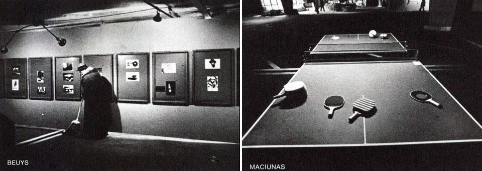 Dettaglio pagine interne Domus 531 / febbraio 1974. Da sinistra, Beuys e Maciunas, mostra <em>Contemporanea</em>, Parcheggio Villa Borghese, Roma 1974