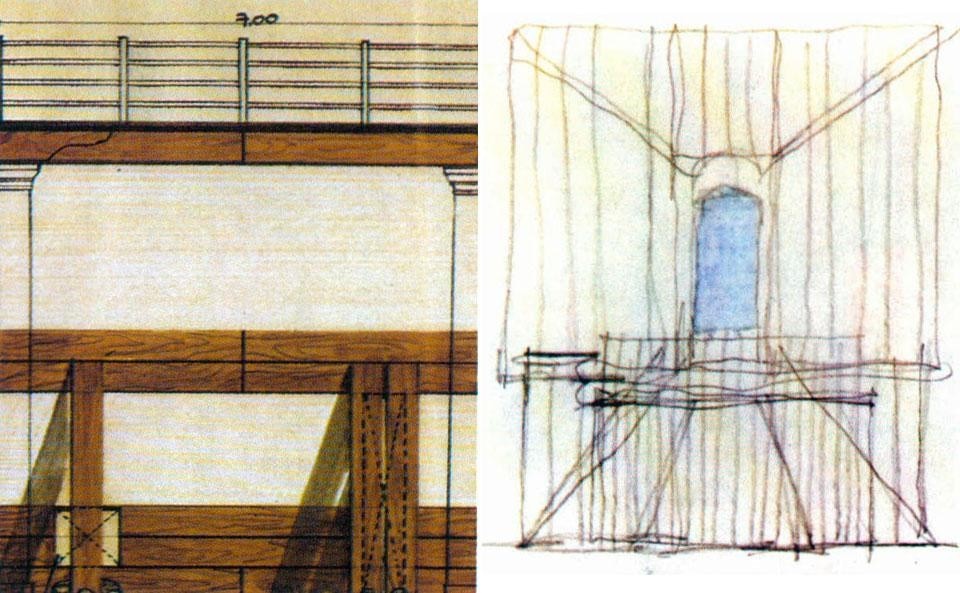 Dettaglio pagine interne Domus 605 / aprile 1980. Biennale di Architettura di Venezia 1980 <em>The Presence of the Past</em>. A sinistra disegno di Arata Isozaki; a destra disegno di Frank O. Gehry
