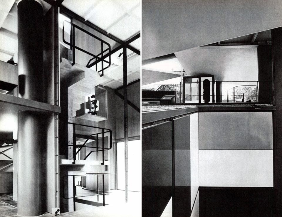 A sinistra: particolare scala interna; a destra, aspetti della rampa esterna in cemento che collega i due piani alla terrazza, foto Gasser. Domus 455 / ottobre 1967, vista pagine interne