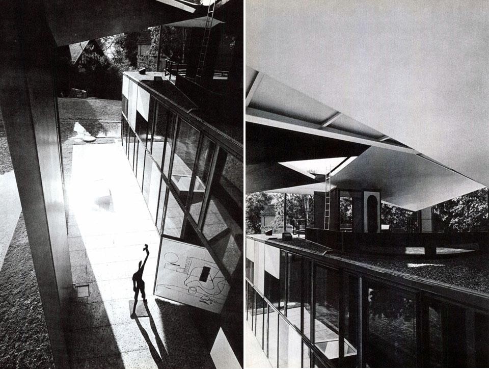 A sinistra, uno dei fronti del centro Le Corbusier Heidi Weber a Zurigo; a destra, vista della terrazza sotto la copertura a ombrello. Due foto di Gasser. Domus 455 / ottobre 1967, vista pagine interne
