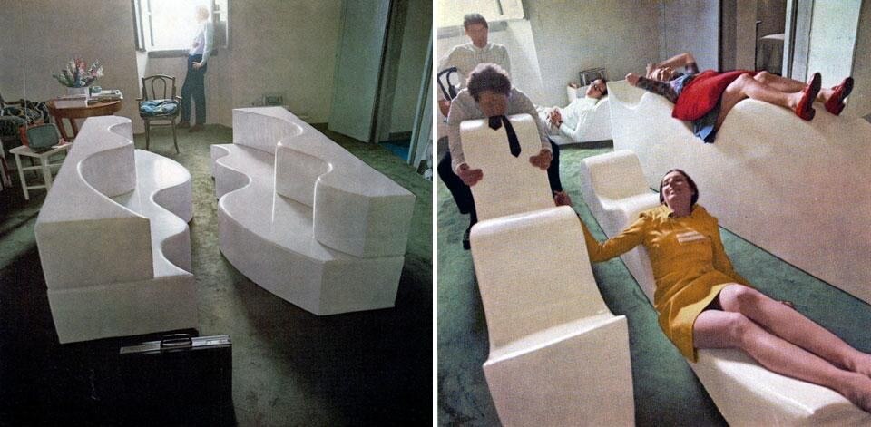 Divano Superonda in resina espansa, con rivestimento in tessuto plastificato bianco lucido, produzione Poltronova. Domus 455 / ottobre 1967, vista pagine interne
