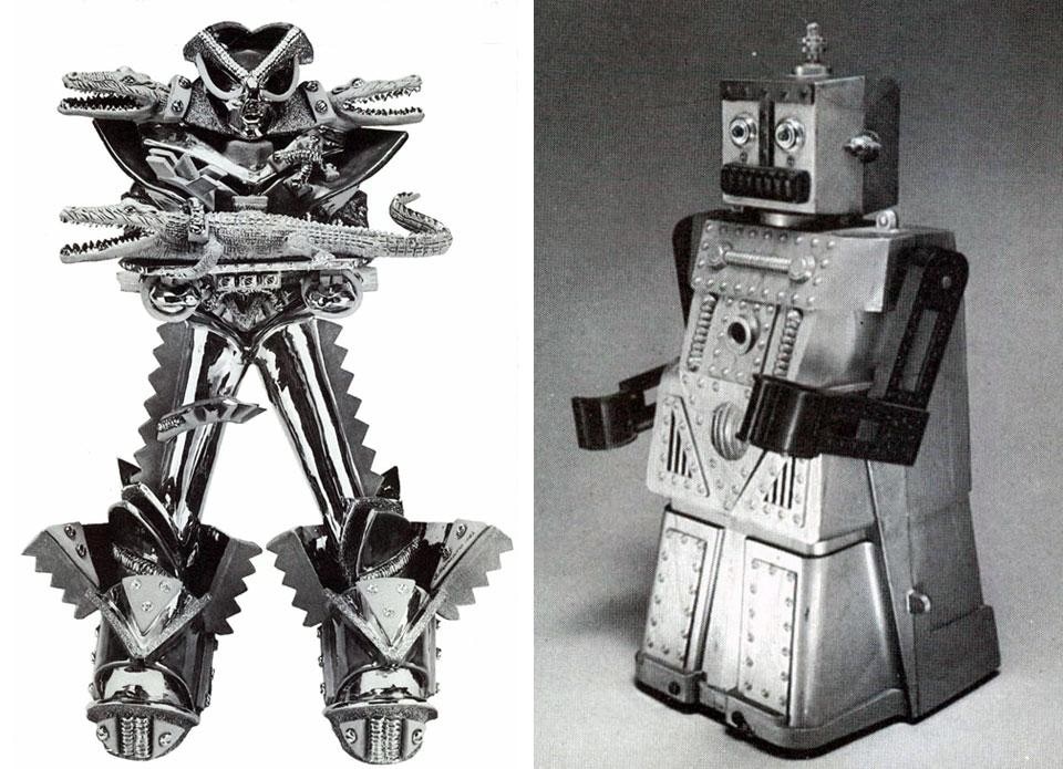 In apertura: <em>Sigma</em>, robot cartesiano di montaggio in costruzione nello stabilimento della Olivetti C. N. di Marcianise,  Caserta 1983. Qui sopra: a sinistra, <em>Robot con alligatori</em>, scultura di Tony Buonaugurio (1982), ceramica dipinta e acrilico lucido (Proprietà Gallery Ives Arman NY); a destra: <em>Robert Robot</em>, USA 1961, giocattolo meccanico (Proprietà Robotorium New York). Domus 651 / giugno 1984, vista pagine interne 