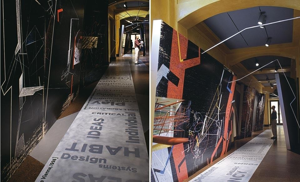 Allestimento della mostra di Lebbeus Woods: Experimental Architecture, presso il Carnegie Museum of Art, Pittsburg, 2005. Domus 877 / gennaio 2005, vista pagine interne
