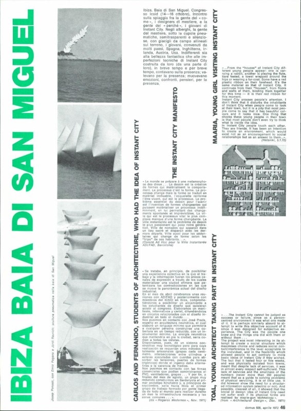 Dettaglio pagina Domus 509 / aprile 1972. <em>Domus</em> ripropone, in lingua originale, stralci di articoli pubblicati su diverse testate del tempo, per documentare le reazioni diffuse al congresso ICSID di Ibiza 