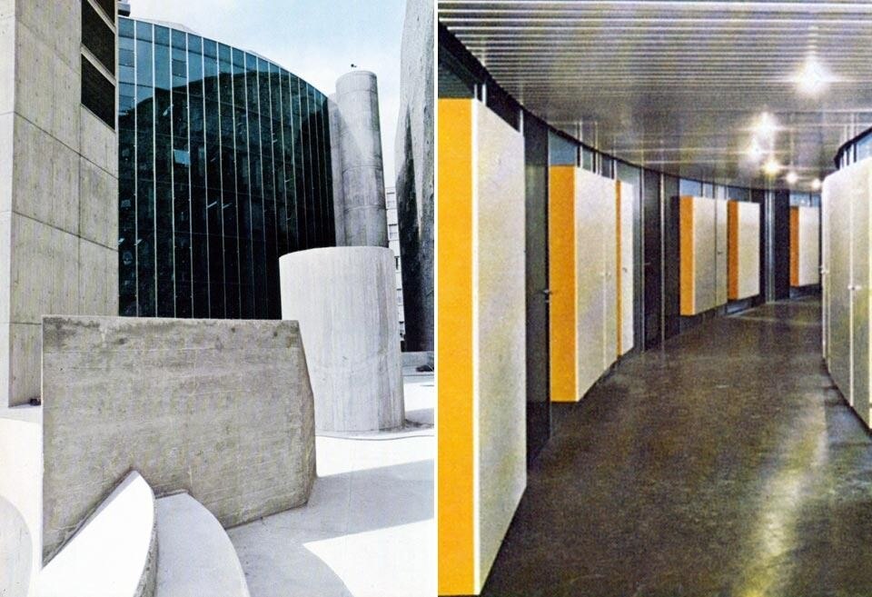 A sinistra: il fronte posteriore, convesso. Foto di Jean-Edgar de Trentinian. A destra: le pareti mobili colorate ai piani degli uffici. <em>Domus</em> 511 / giugno 1972; vista pagine interne