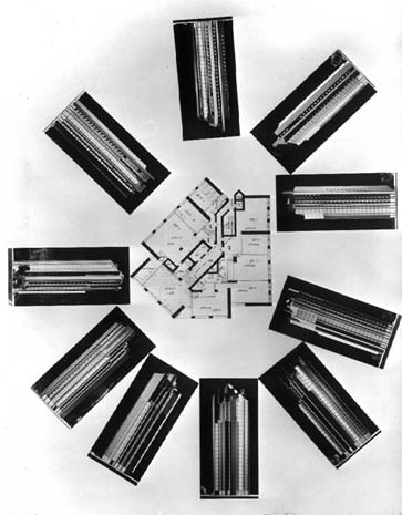 Nel progetto per una torre a Milano (con Ponti e Fornaroli), la forma ha più orientamenti e prospetti variabili secondo l'altezza del suolo. Da <i>Domus</i> 416, luglio 1964  
