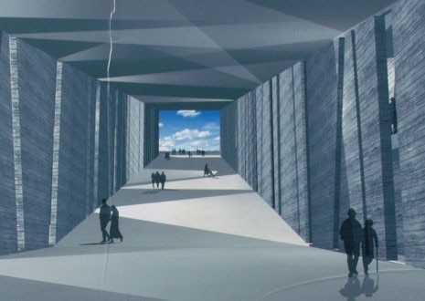 <b>Sindrome televisiva</b>. 
Lunghi corridoi che sbucano su un panorama oceanico. L’orizzonte è uno schermo. Molti progetti hanno inventato immensi tubi catodici. Noiosissime, faticose, generiche ‘scoperte’ dell’orizzonte 