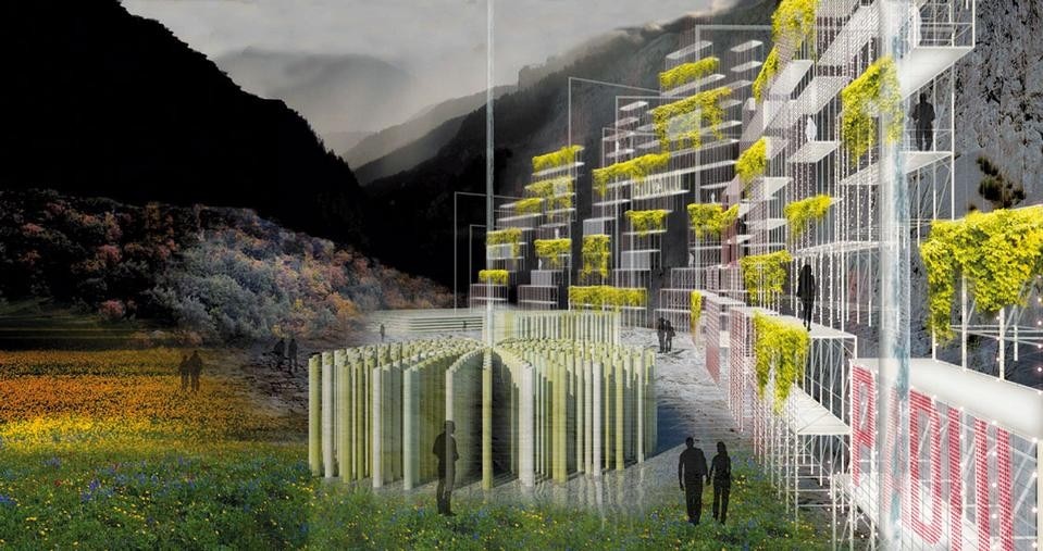 Uno dei progetti-modello elaborati per la mitigazione dell’impianto del fronte di cava che prevede
un sistema per la coltivazione di alghe ecologiche
