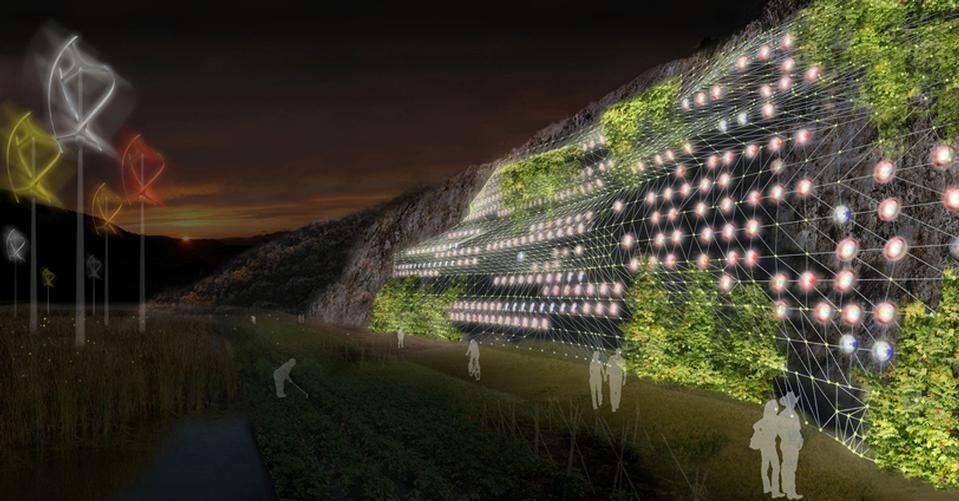 Sistema di mitigazione dell’impatto del fronte cava. Reti in fibre naturali che seguono l’andamento irregolare della roccia e microturbine eoliche. Aree coltivate per la produzione e la conoscenza dei materiali ecologici e biodegradabili  

