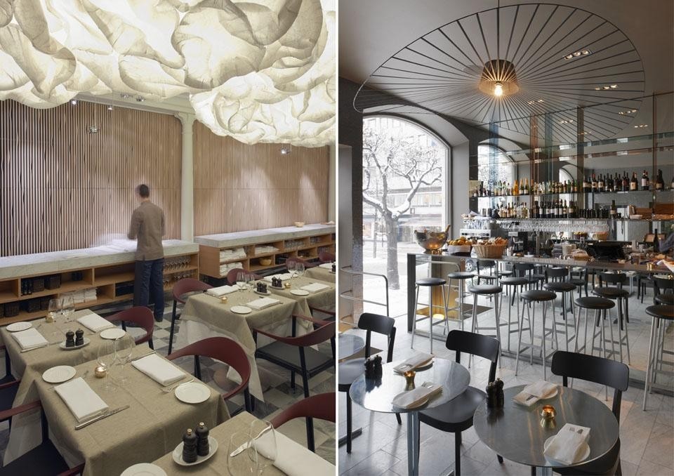 A sinistra: il ristorante italiano Caina. A destra: il bistrot di ispirazione francese.